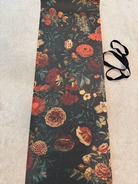 Floral Print Yoga Mat - Dark Green Background with Warm Floral Accents